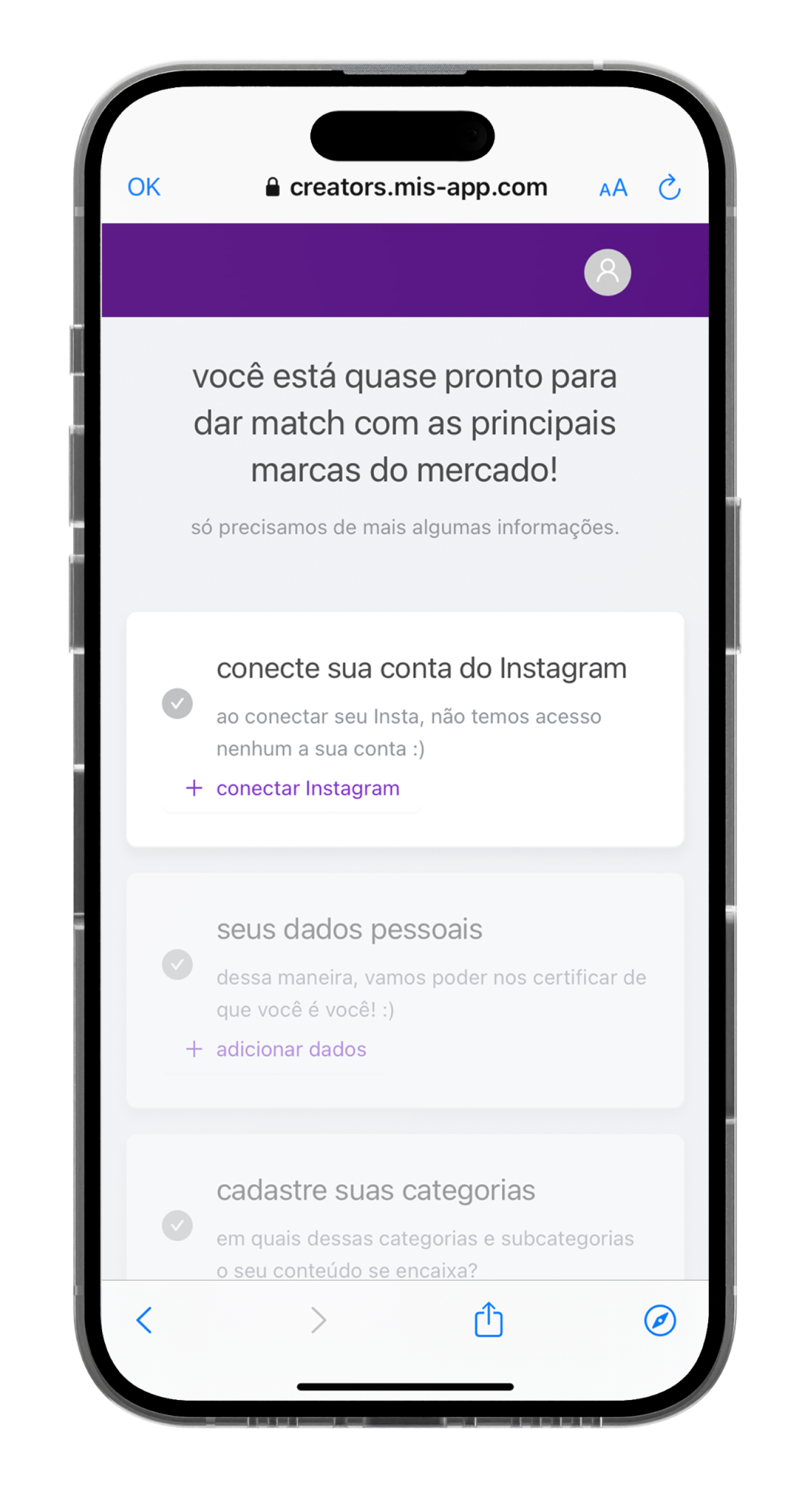 vinculação de conta no app do MIS